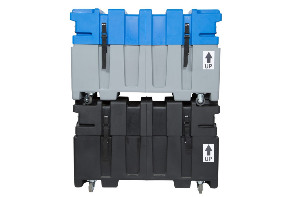 Against a white backdrop, we see two, stacked, roto-molded trade show shipping cases. The top case is blue and grey, while the bottom case is all black.