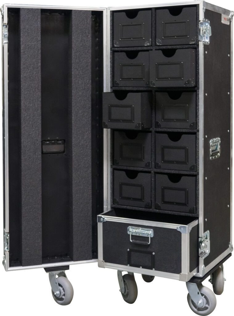 vertical equipment case with drawers open