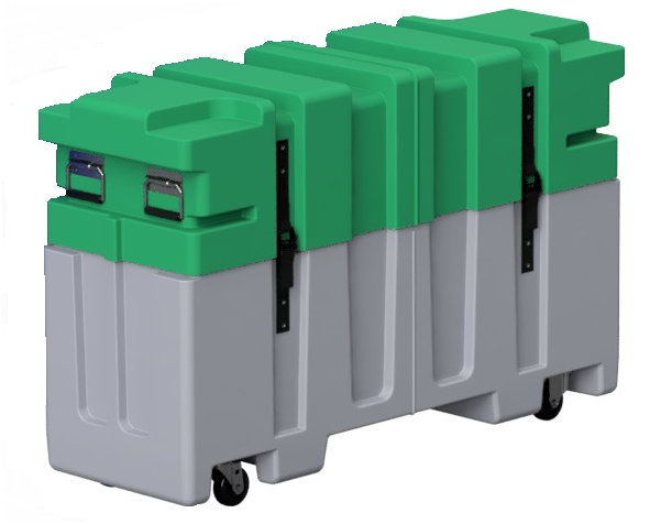 50-inch roto-molded trade show shipping case with a green top and a grey bottom