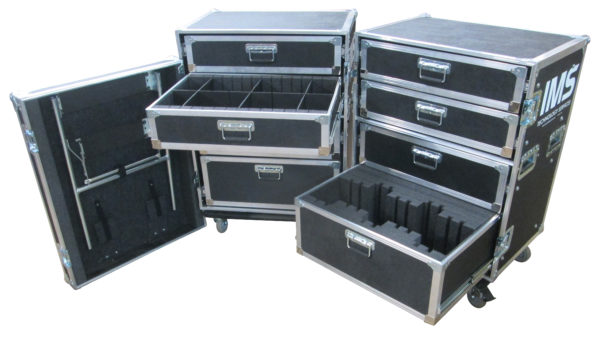 Three black workbox shipping cases sit against a white background with their drawers extended and doors open.