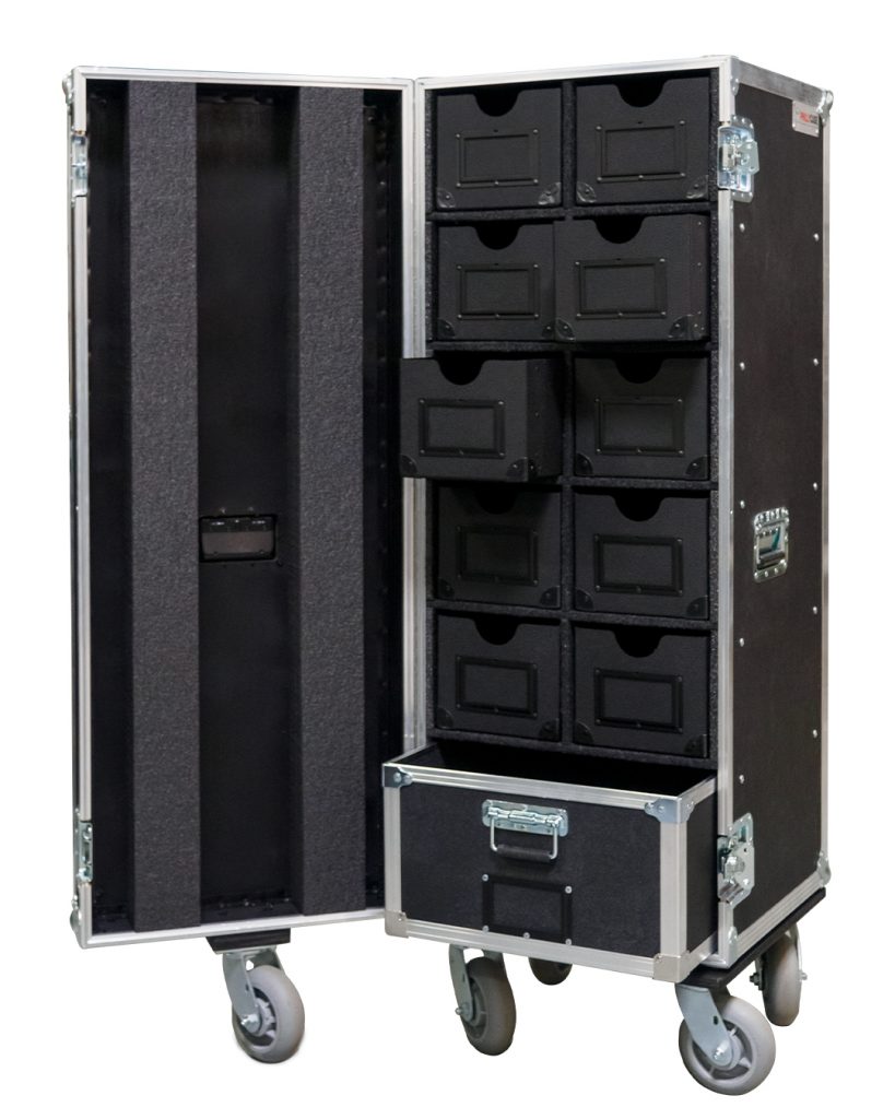 an open ATA vertical case with poly compartments and a custom wood drawer